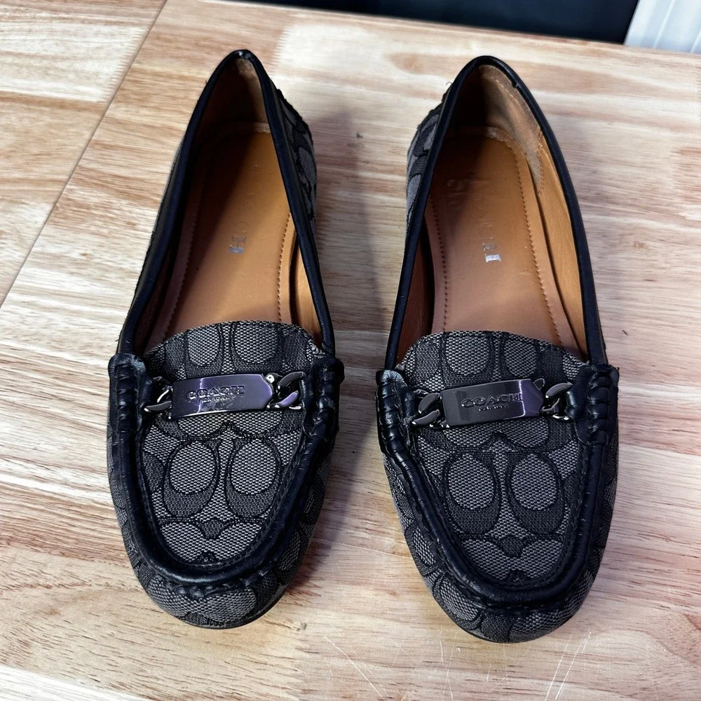 Coach Olive Signature Jacquard Loafers Black Grey Logo Driving Mocs A01918 7B